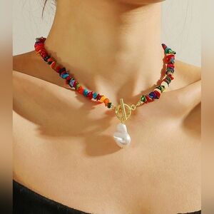 Summer Holiday Style Faux Pearl Pendant Colorful Shell Stone Necklace NWT